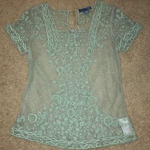 Anthropologie, s, sea green sheer embroidered top
